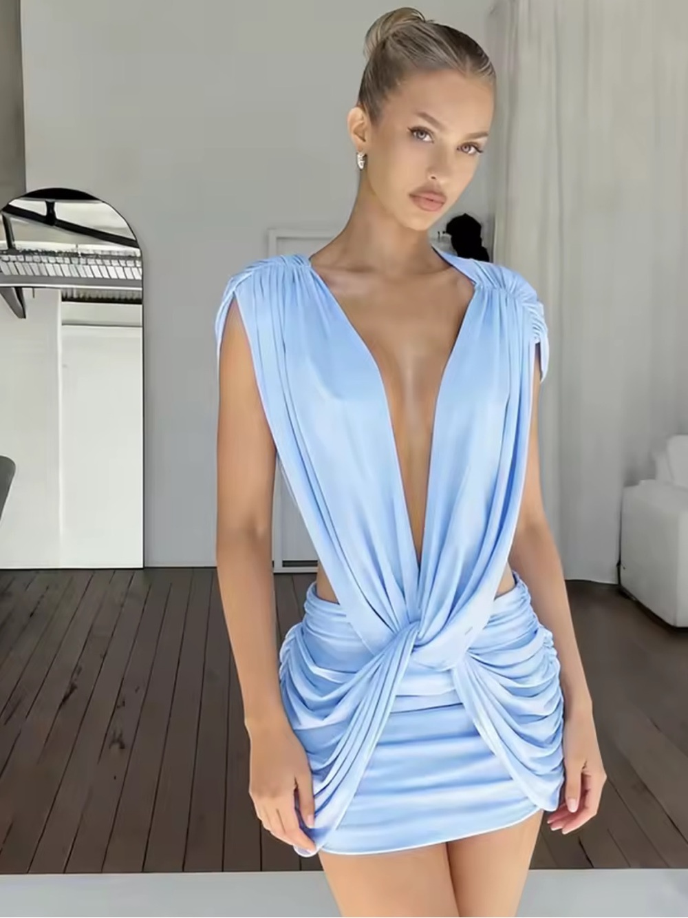 REVOLVE Blue Draped Knot Mini Dress